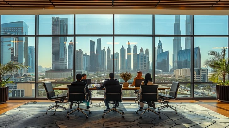 Executive meeting with city skyline